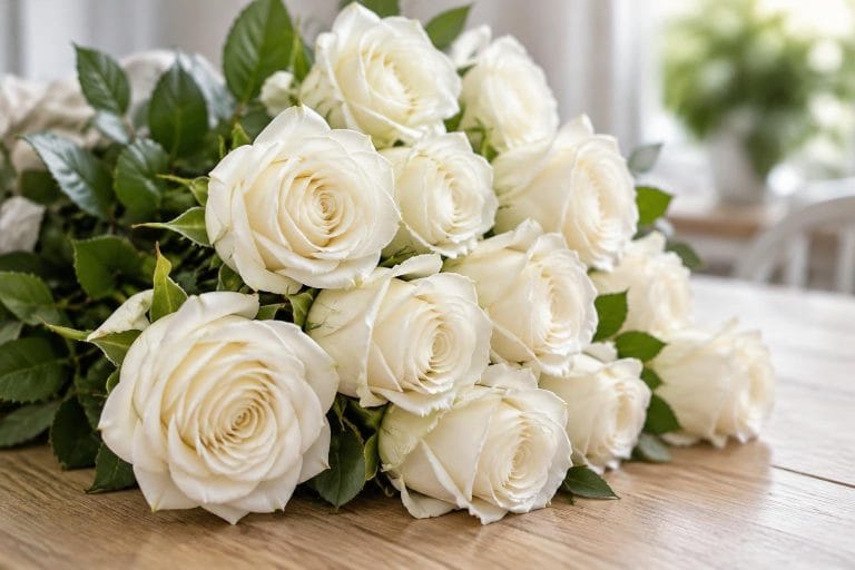 Bouquet de roses blanches fraîches posé sur une table en bois clair baigné de lumière naturelle douce.