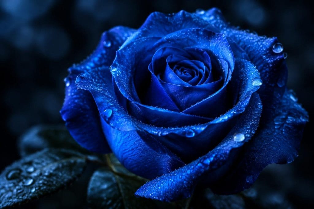 Gros plan photoréaliste d'une rose bleue aux pétales texturés et lumineux sur un fond sombre et flou.