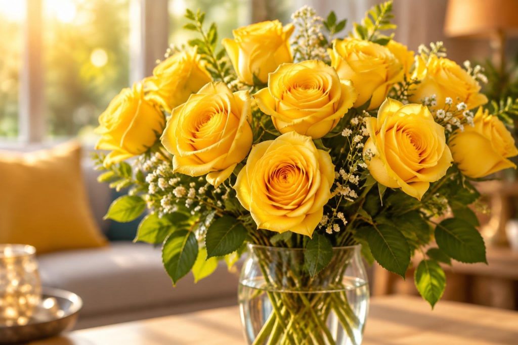 Bouquet de roses jaunes éclatantes dans un vase baigné de lumière solaire chaleureuse.