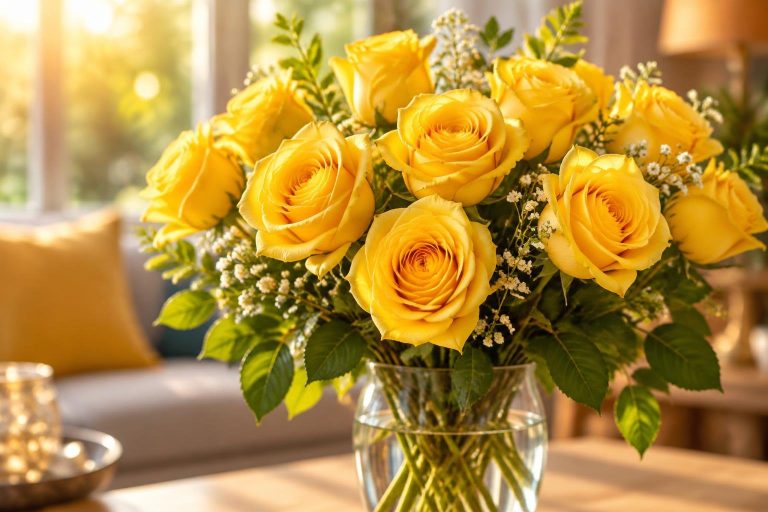 Bouquet de roses jaunes éclatantes dans un vase baigné de lumière solaire chaleureuse.