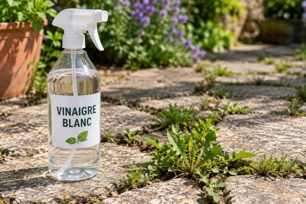 Bouteille de vinaigre blanc posée sur une allée de jardin ensoleillée près de mauvaises herbes.